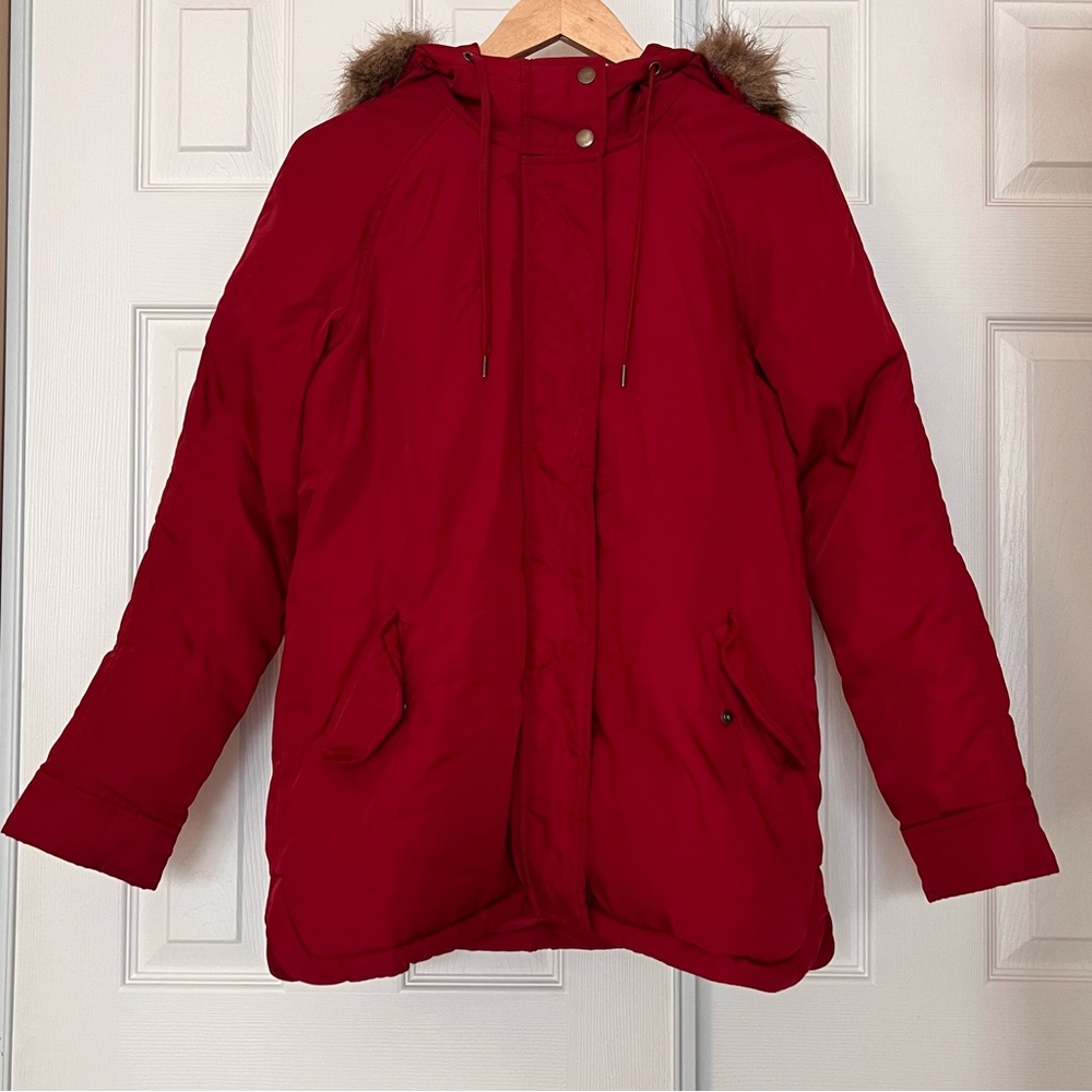 Old Navy Women's Red Fur-Trimmed Parka Size XS - Picture 3 of 8